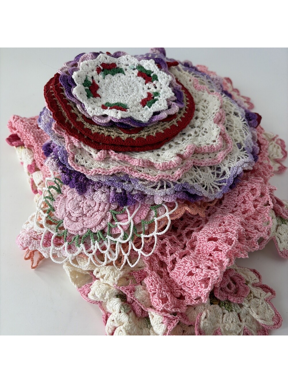 25 Pc VTG Handmade Crochet Lace Doily Lot Victorian Chic Wedding Pink Purple - Picture 13 of 13